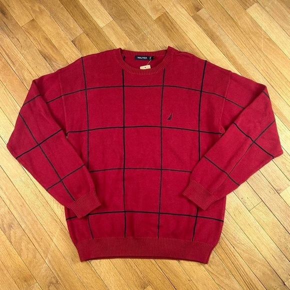 Nautica Other - Vintage red Nautica crewneck knitted sweater with black grid pattern
